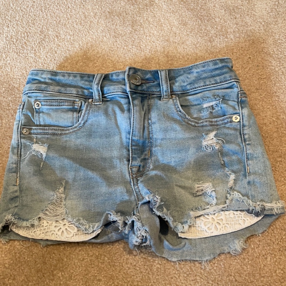 American Eagle flower embroidered jean shorts